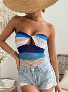 SHEIN VCAY Top de tubo para mujeres con bloqueo de color y frente retorcido para vacaciones o salir - Multicolor - Ver 6