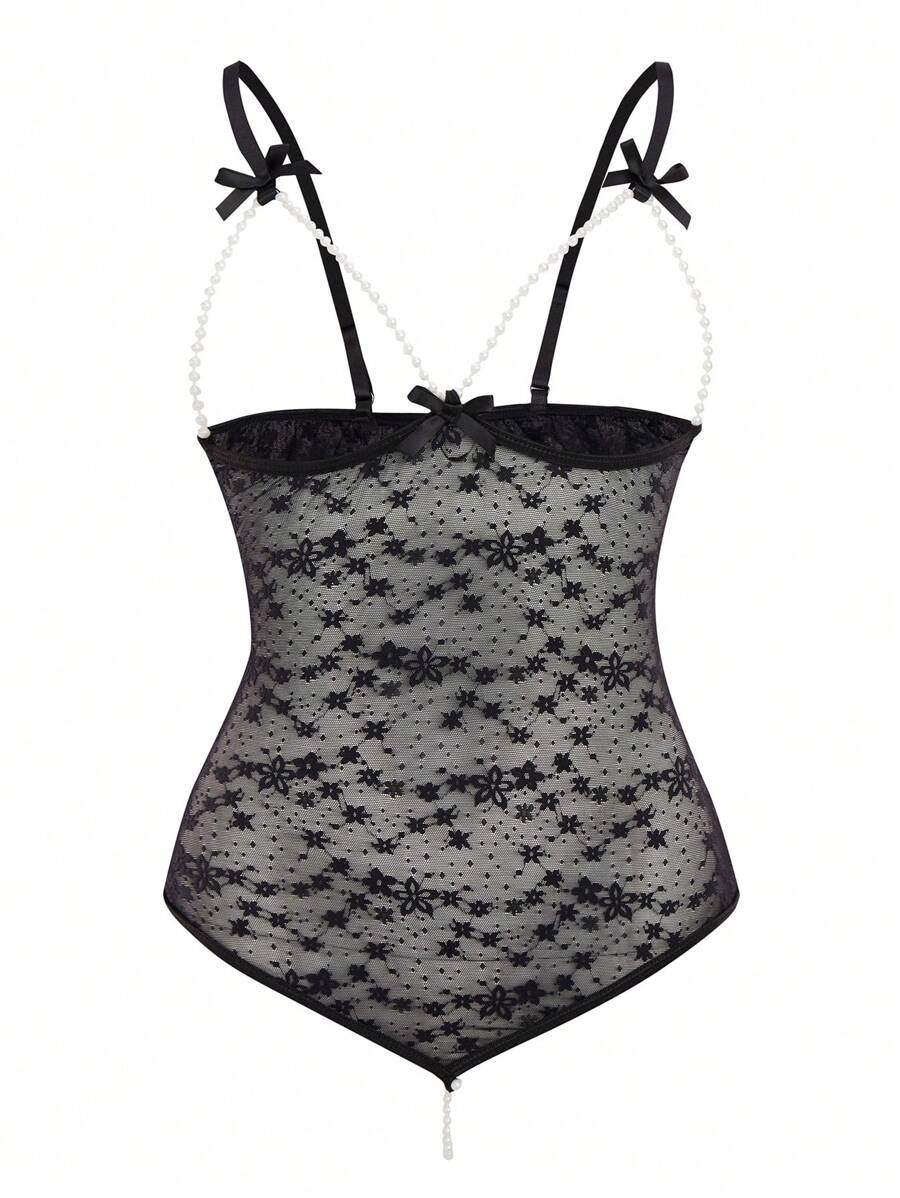 Lace Faux Pearl Decorated Strappy Sexy Bodysuit