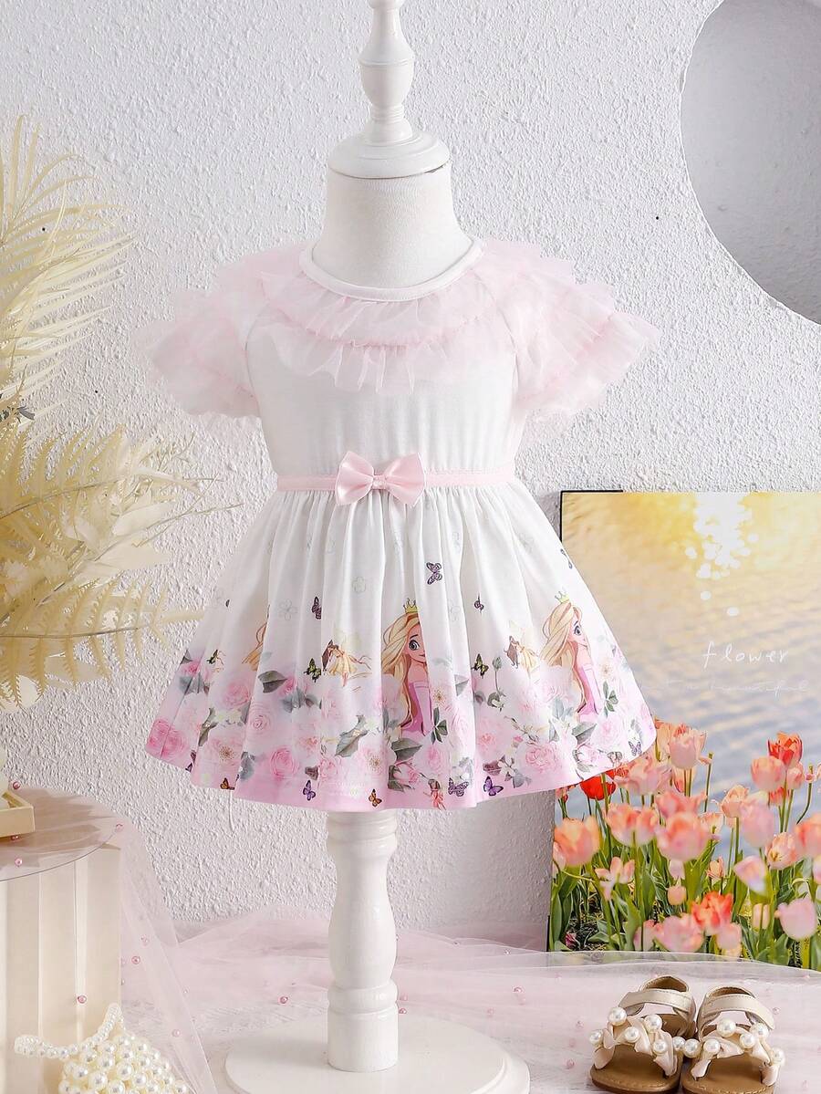 寶寶女孩可愛對比網眼花印花蝴蝶結裝 - 粉色 - 查看 1