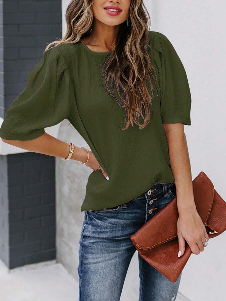 Women's Solid Short Sleeve Blouse Summer Crew Neck Casual Tops Fashion Puffed Sleeve Shirt