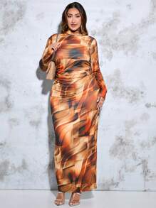 SHEIN BAE Plus Size Nữ In Hình Rùa Cổ Bên Váy Bodycon - màu nâu - Xem 1