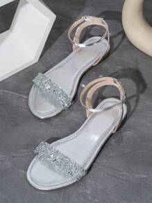 Women Casual Elegant Fashion Flat Sandals With Glass Rhinestone Strap And Silver Barefoot Design Valentines - Silver - View 4