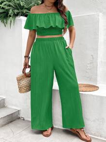 Breezaya Plus Size Holiday Leisure Solid Color Off-Shoulder Ruffle Cropped Top And Wide-Leg Pants 2-Piece Set