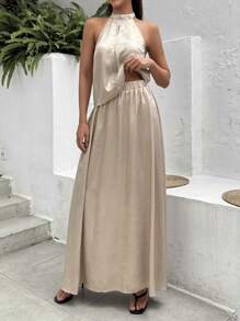 SHEIN Essnce 2024 Spring/Summer New Arrival Women Khaki Metal Material Halter Top And A-Line Skirt Set - Khaki - View 5