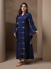Plus Size V-Neck Flare Sleeve Casual Arabic Style Clothing - Royal Blue - View 3