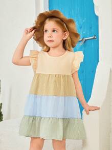 SHEIN 1 pieza Vestido de cuello redondo con manga abullonada de moda para niña joven, adecuado para vacaciones de verano - Multicolor - Ver 5