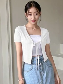 DAZY 女式纯色休闲系带短袖上衣，春夏季，短款上衣 - 白色 - 查看 3