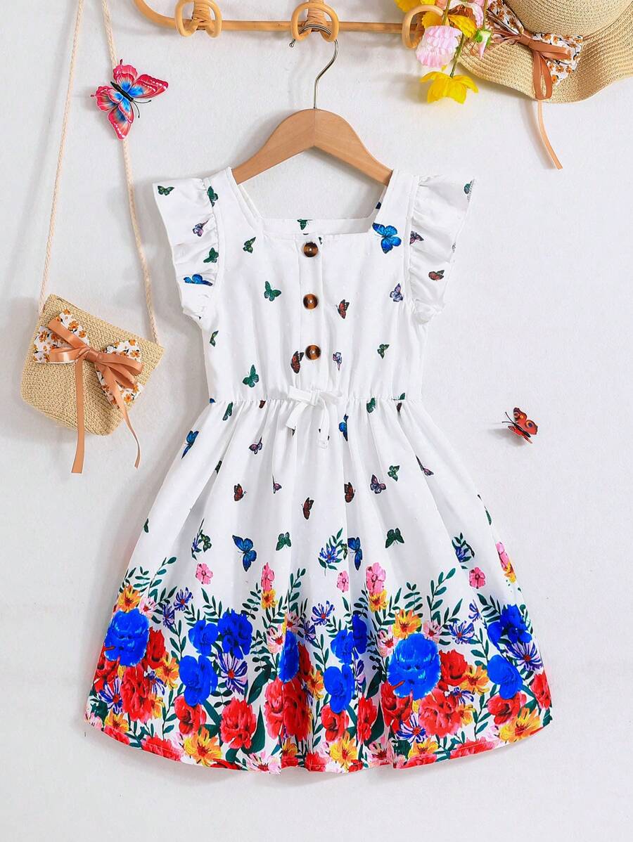 SHEIN Young Girls' Holiday Style Floral Print Flouncing Dress,Warm And Cozy For Summer Vacation - Multicolor - View 1