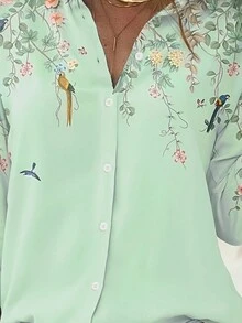 女士时尚花卉印花前扣休闲衬衫，夏季 - 綠色 - 查看 3