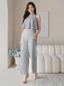 DAZY Women Summer Halter Jumpsuit With Ruffle Hem And Wide Leg Women Rompers - Blue - View 7