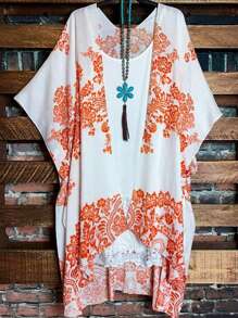 Breezaya 女款度假風格花卉印花蝙蝠袖長寬鬆開襟休閒外套 - 彩色 - 查看 1