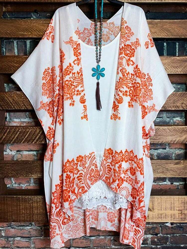 Women Vacation Style Floral Print Batwing Sleeve Long Loose Open-Front Casual Coat