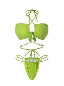 SHEIN Swim Curve Quần bơi khoét lỗ hình vỏ sò màu trơn cỡ lớn mùa hè - màu xanh lá - Xem 3