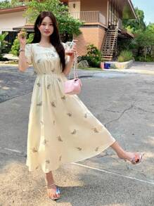 DAZY Kobiety Wakacje Bohemian Ditsy Floral Puff Sleeve Cinched Waist Dress Sukienka Letnia, Casual Women Dresses