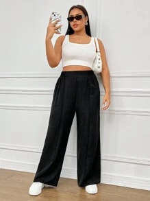 SHEIN EZwear بنطلون نسائي أنيق القياسات الكبيرة بلون أحادي مجعّد