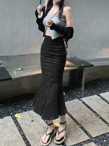 後拉鍊美人魚牛仔半身裙 - 黑色 - 查看 5