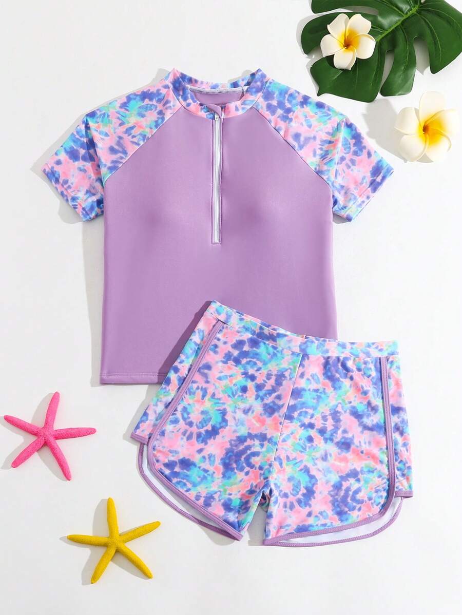 SHEIN 青少年女孩紮染印花寬鬆T恤與短褲休閒比基尼泳裝套裝,適合度假游泳與海灘穿著,夏季假期款 - 紫色 - 查看 1