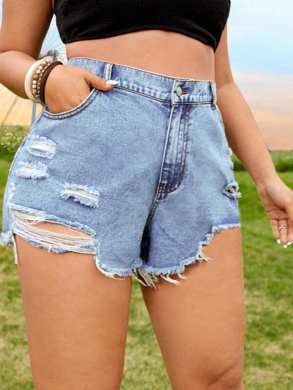 SHEIN Plus pantaloni scurți din denim cu tiv rupt
