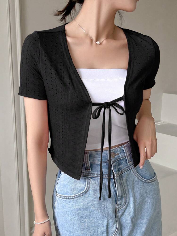 Women's Solid Color Front Tie Casual Short Sleeve Top,Crop Tops Women
