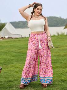 Dreamara WYWH Ladies' Plus Size High-Waisted Printed Wide-Leg Pants With Ruffle Trim For Musical Festival