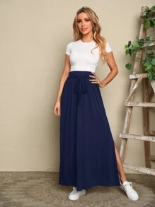 EMERY ROSE 女士純色腰部結繩設計分裂側縫長裙，適用於度假 - 藏蓝色 - 查看 5