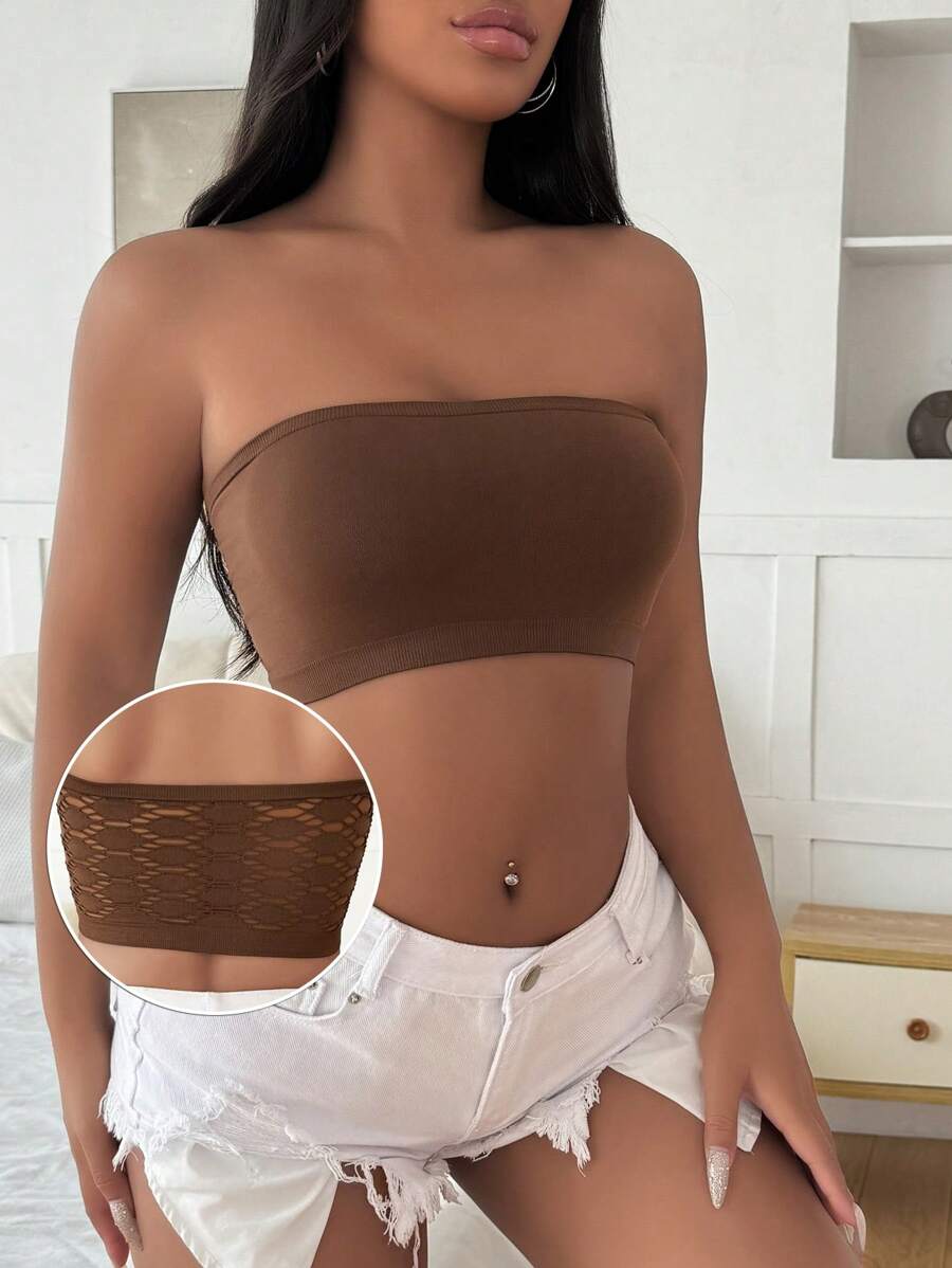 Women's Solid Color Simple Daily Tube Bra Strapless Bra - Coffee Brown - View 1