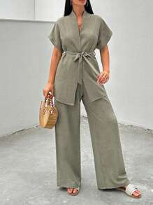 Ensemble cosy de deux pièces roses, blouse à manches chauve-souris kaki ajustée régulière avec ceinture, pantalon pour femmes, tenues décontractées de deux pièces, printemps/été, porter au quotidien