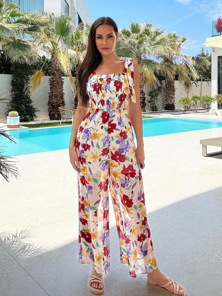 Vacation Print Bandeau Tie Waist Jumpsuit