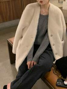 Elegant Solid V-Neck Mink Cashmere Cardigan - White - View 4