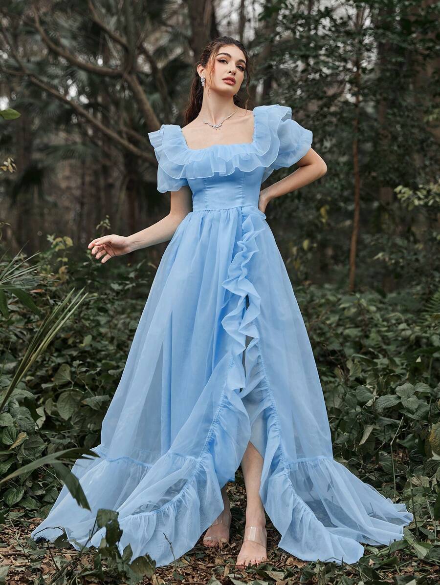 Faeriesty Vestido de Organza Elegante com Decote Quadrado, Manga Bufante, Babado, Tonalidades Pastel, para Evento Formal, Formatura, Jantar, Casamento, Convidada - Azul bebê - Visão 1