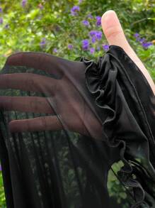SHEIN EZwear 女士加大码不对称前开衩网眼蛋糕层褶边休闲度假长裙夏季 - 黑色 - 查看 6