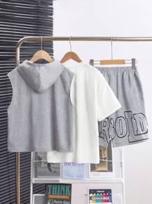 SHEIN Little Byeori Tween Boy 韩版可爱休闲连帽背心配补丁、短裤和宽松针织三件套搭配纯色圆领 T 恤 - 彩色 - 查看 2
