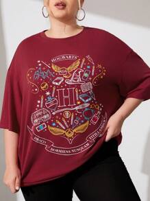 HARRY POTTER X SHEIN 大码卡通字母印花落肩 T 恤，适合夏季 - 紅色 - 查看 5