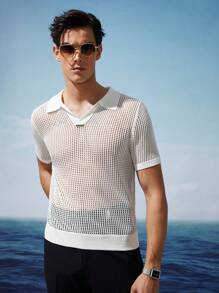 AKNOTIC Business Casual Men's Crochet Knit Summer V-Neck Polo Shirt In White