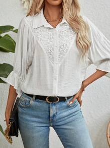 SHEIN JORESS Women Summer Solid Color Splice Lace Batwing Sleeve Loose Shirt