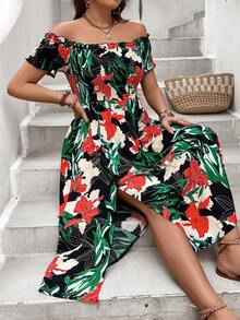 SHEIN Holidaya 大码女式夏季热带植物印花露肩短袖度假连衣裙 - 黑色 - 查看 4