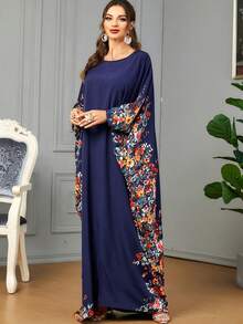 Women's Elegant Floral Print Batwing Sleeve Dress, Spring & Summer Modest Long Sleeve Kaftan Arabian Dress - Navy Blue - View 3