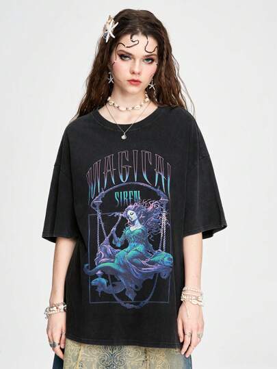 VRSO Women Acid-Washed Mermaid Graphic Vintage T-Shirt