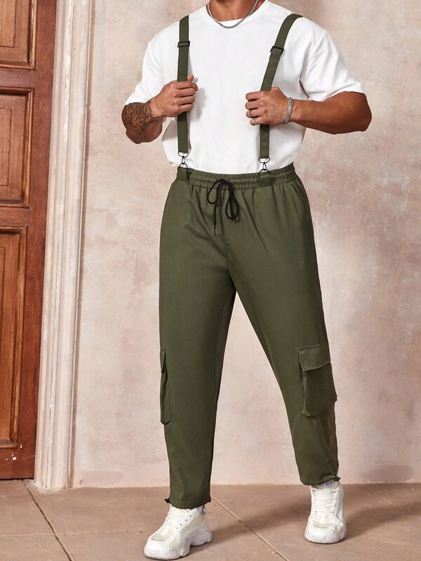 Manfinity Homme Men's Plus Size Drawstring Waist Workwear Jumpsuit With Bib Pockets And Straps