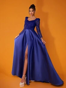 New Arrival Luxury Blue Lace Evening Dress, Suitable For Formal Occasions Elegant Long Sleeve Prom Wedding Guest Gown, For Graduation, Dinner