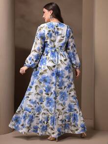 Fashionable Plus Size Women's V-Neck Printed Loose Waist Dress - Multicolor - View 2