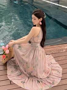 DAZY Women French Style Chiffon Printed Halterneck Dress Sundress