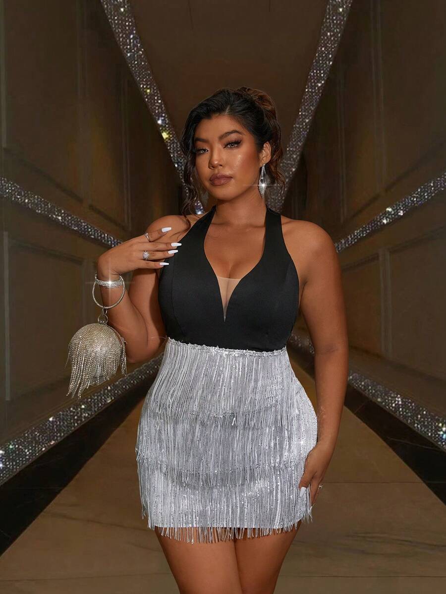 Allurite Cộng với kích thước mùa hè Váy quây cổ yếm hở lưng gợi cảm với thiết kế colorblock - Đen và trắng - Xem 1