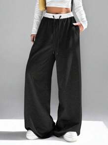 SHEIN EZwear 女性休閒寬腿拼色高腰阔腿褲 - 黑色 - 查看 1