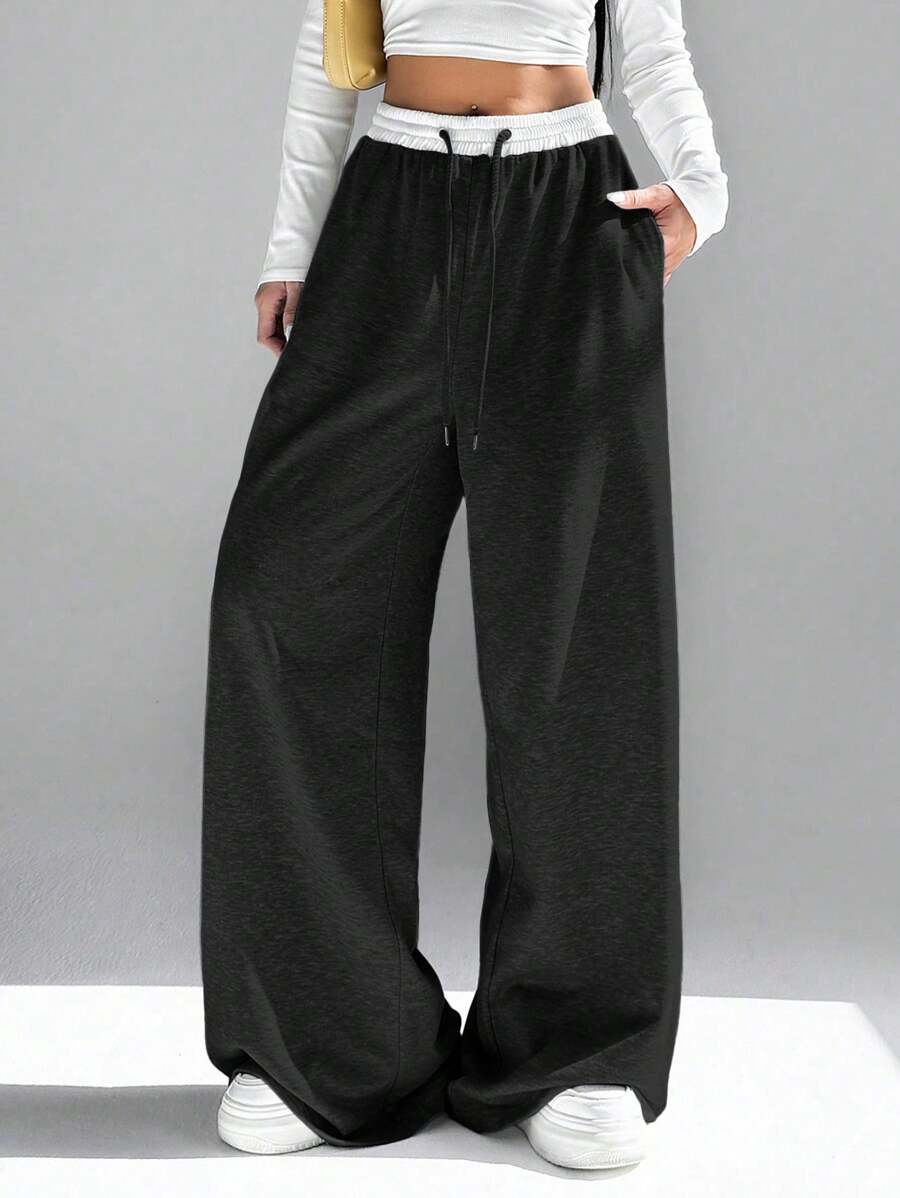 SHEIN EZwear 女性休閒寬腿拼色高腰阔腿褲 - 黑色 - 查看 1