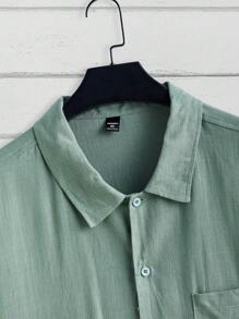 Manfinity VCAY Manfinity Basics 2 件套男士加大码编织休闲短袖衬衫和短裤套装人造丝亚麻 - 軍綠色 - 查看 7