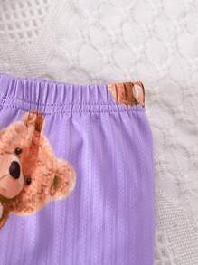 2pcs/Set Young Girl Casual Bear Print Crew Neck Short Sleeve Top And Elastic Waist Shorts Snug Fit Pajama Set