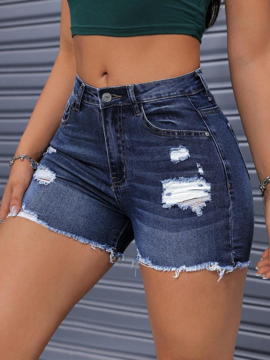 Flexra 女式口袋鬆緊邊破洞牛仔短褲，附磨損細節 - 中等水洗藍 - 查看 1