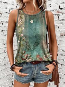 SHEIN LUNE Fashionable Printed Round Neck Sleeveless Women Tank Top - White - View 4