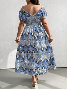 SHEIN Holidaya Đầm trễ vai in họa tiết cổ điển Plus Size dành cho nữ - Nhiều màu - Xem 2